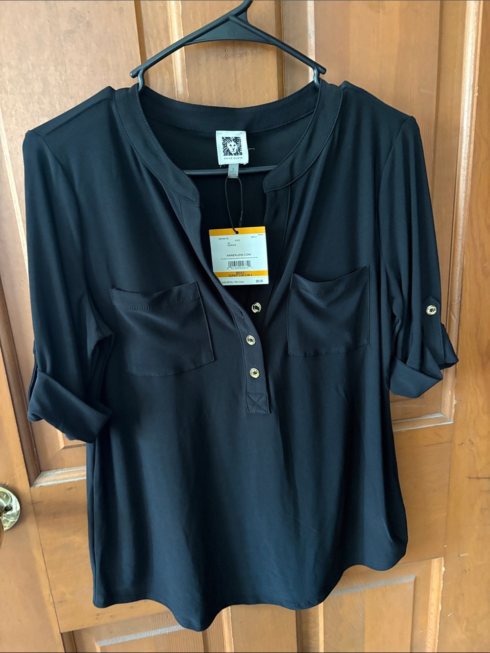 Anne Klein Black Button-Front Pocket Blouse
